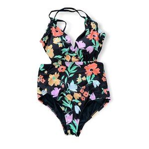 ModCloth Black Floral One Piece Swimsuit "The Sonia" Size L NWOT